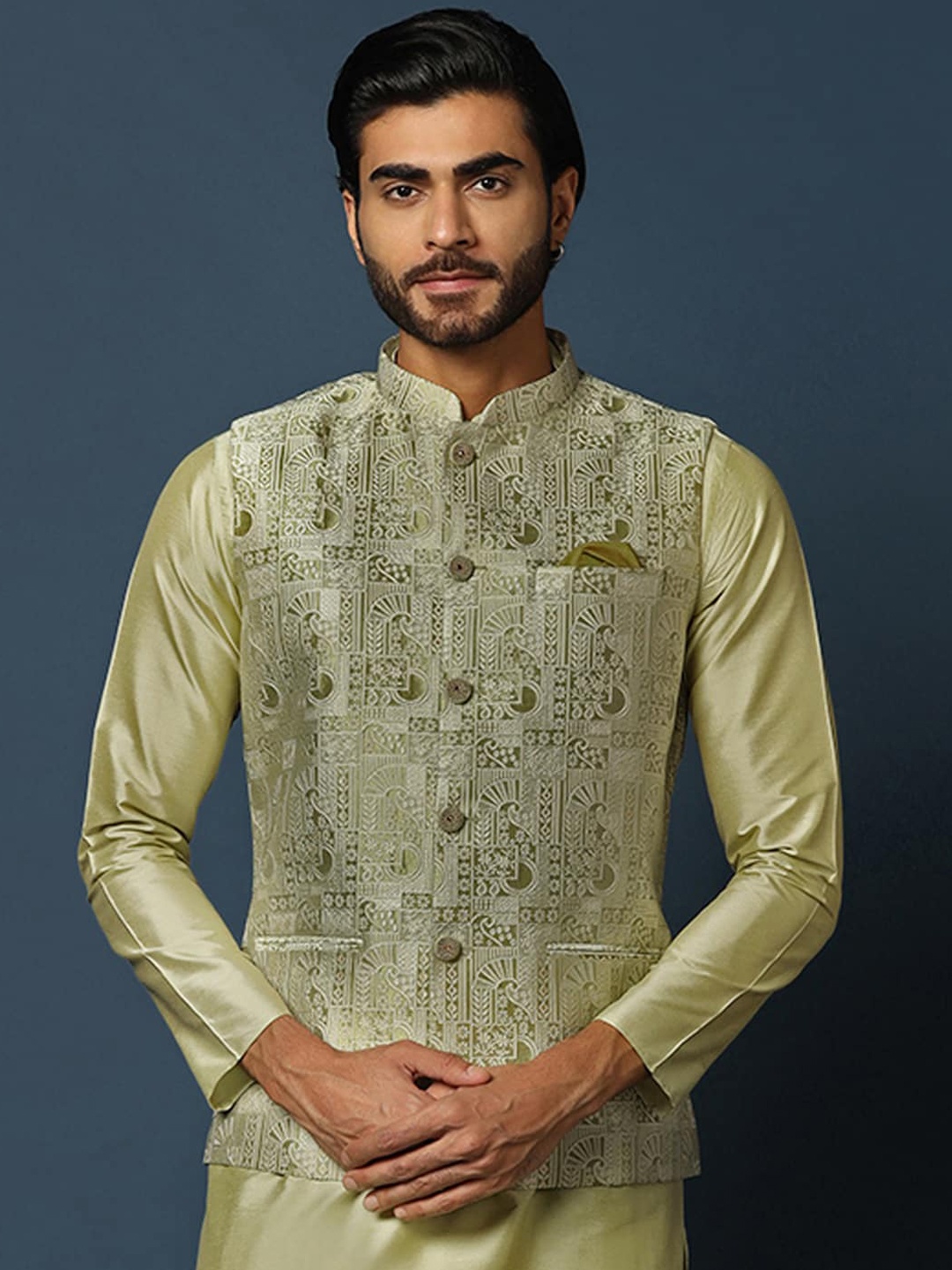 

KISAH Woven Design Mandarin Collar Nehru Jacket, Sea green