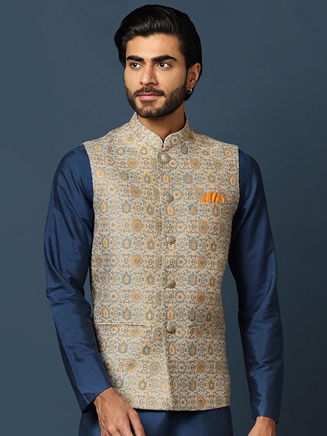 

KISAH Woven-Design Mandarin Collar Nehru Jacket, Beige