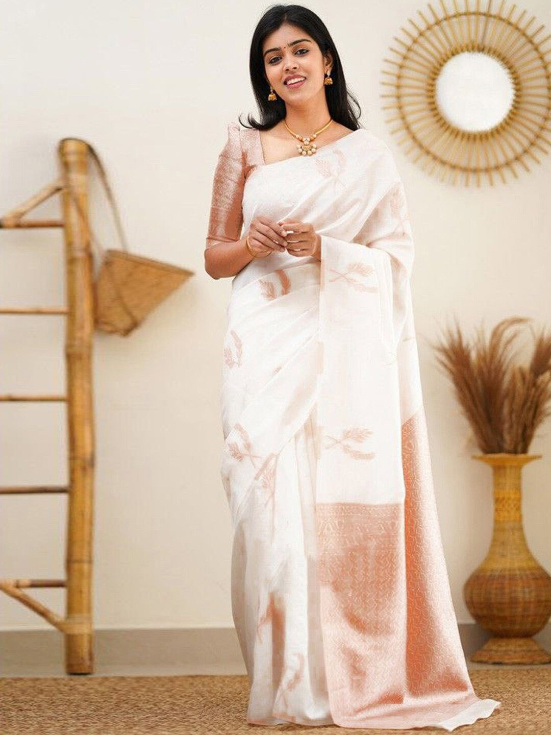 

Satrani White & Copper-Toned Floral Woven Design Zari Banarasi Saree