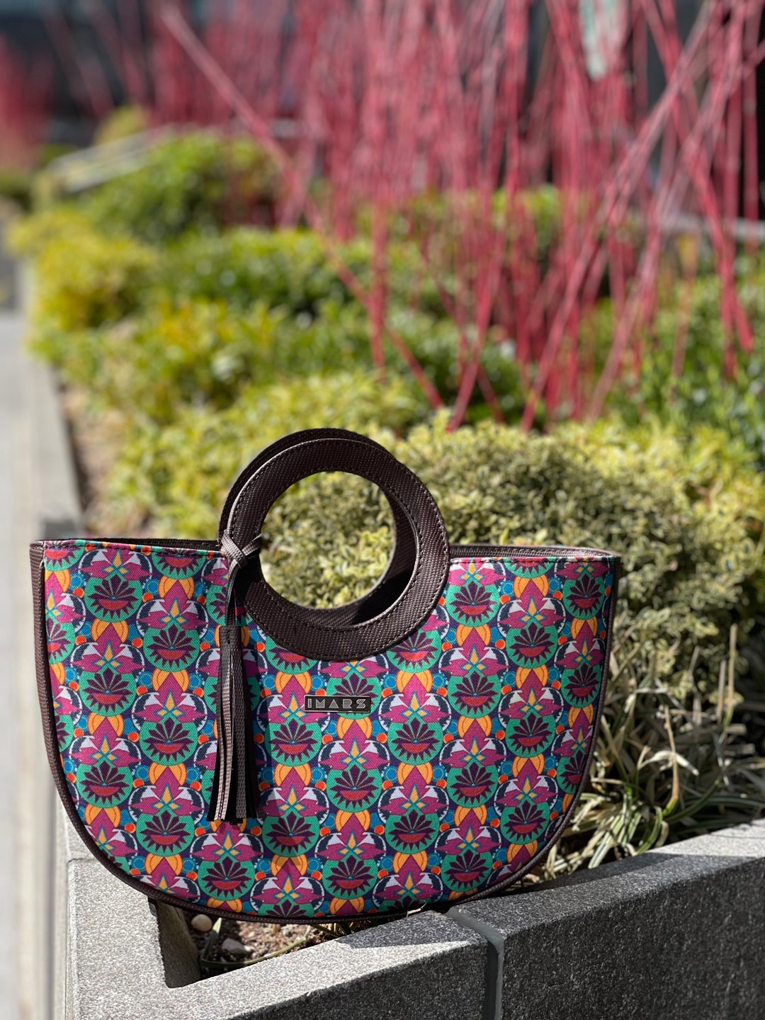 

IMARS Ethnic Motifs Printed Structured Handheld Bag With Tasselled, Green