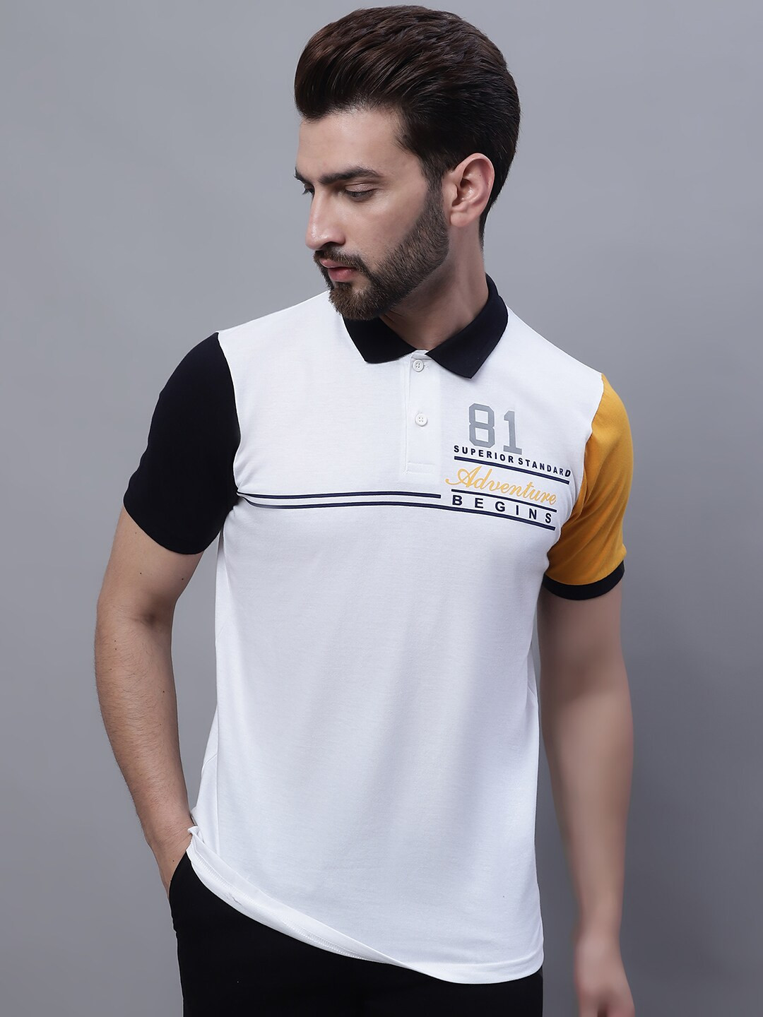 

Rodamo Typography Colourblocked Polo Collar Slim Fit Cotton T-shirt, White