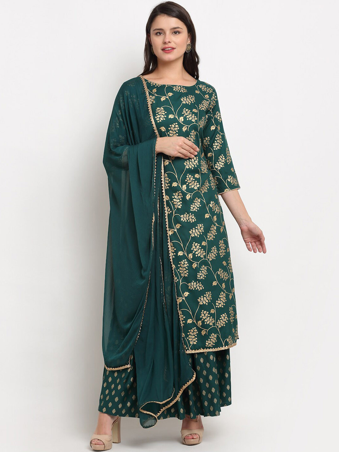 

The Mini NEEDLE Ethnic Motifs Printed Gotta Patti Regular Kurta With Skirt & Dupatta, Green