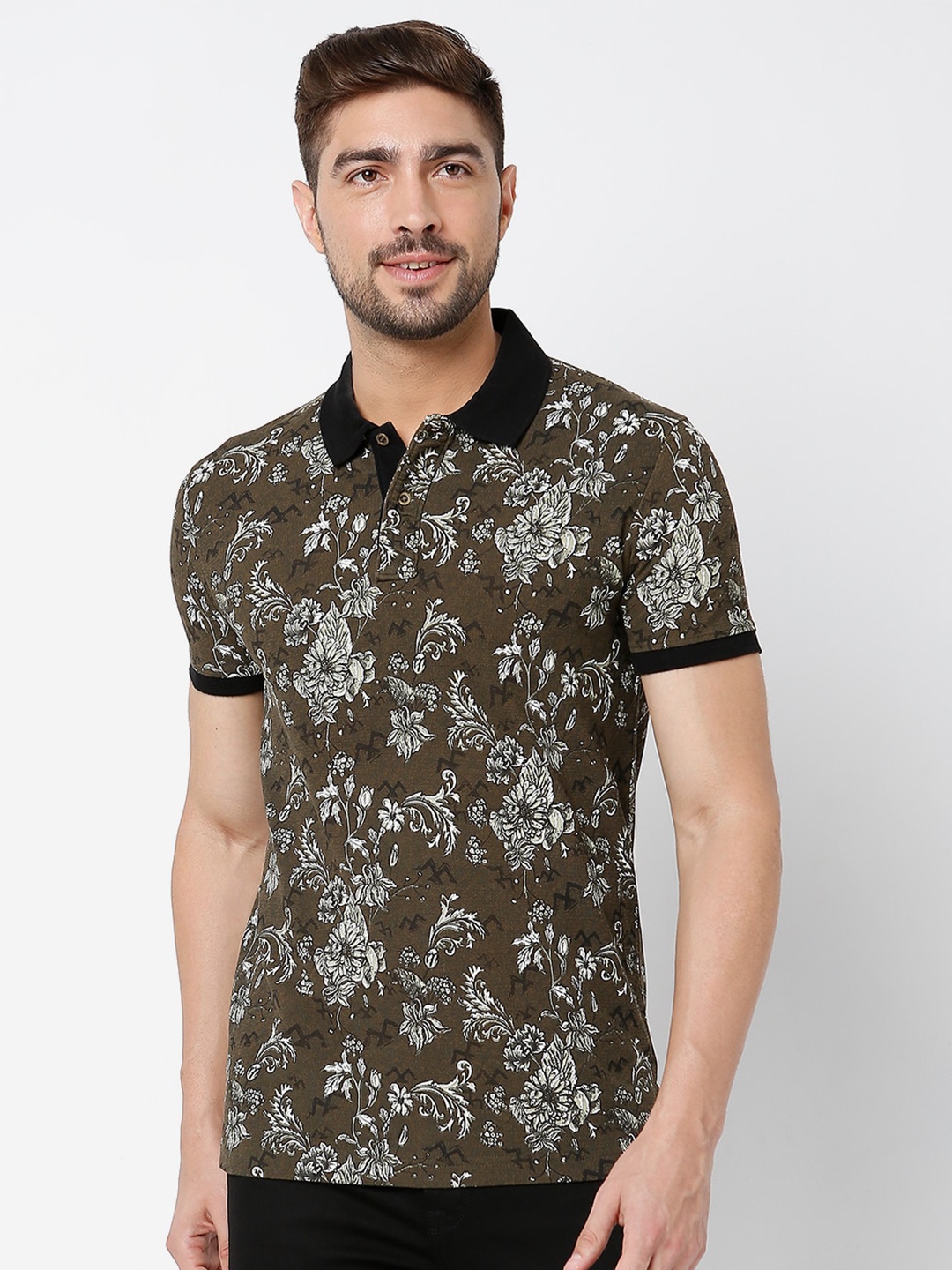 

Mufti Floral Printed Polo Collar Slim Fit Pure Cotton T-Shirt, Olive