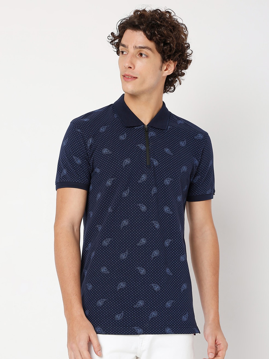 

Mufti Ethnic Printed Polo Collar Slim Fit Pure Cotton T-Shirt, Navy blue