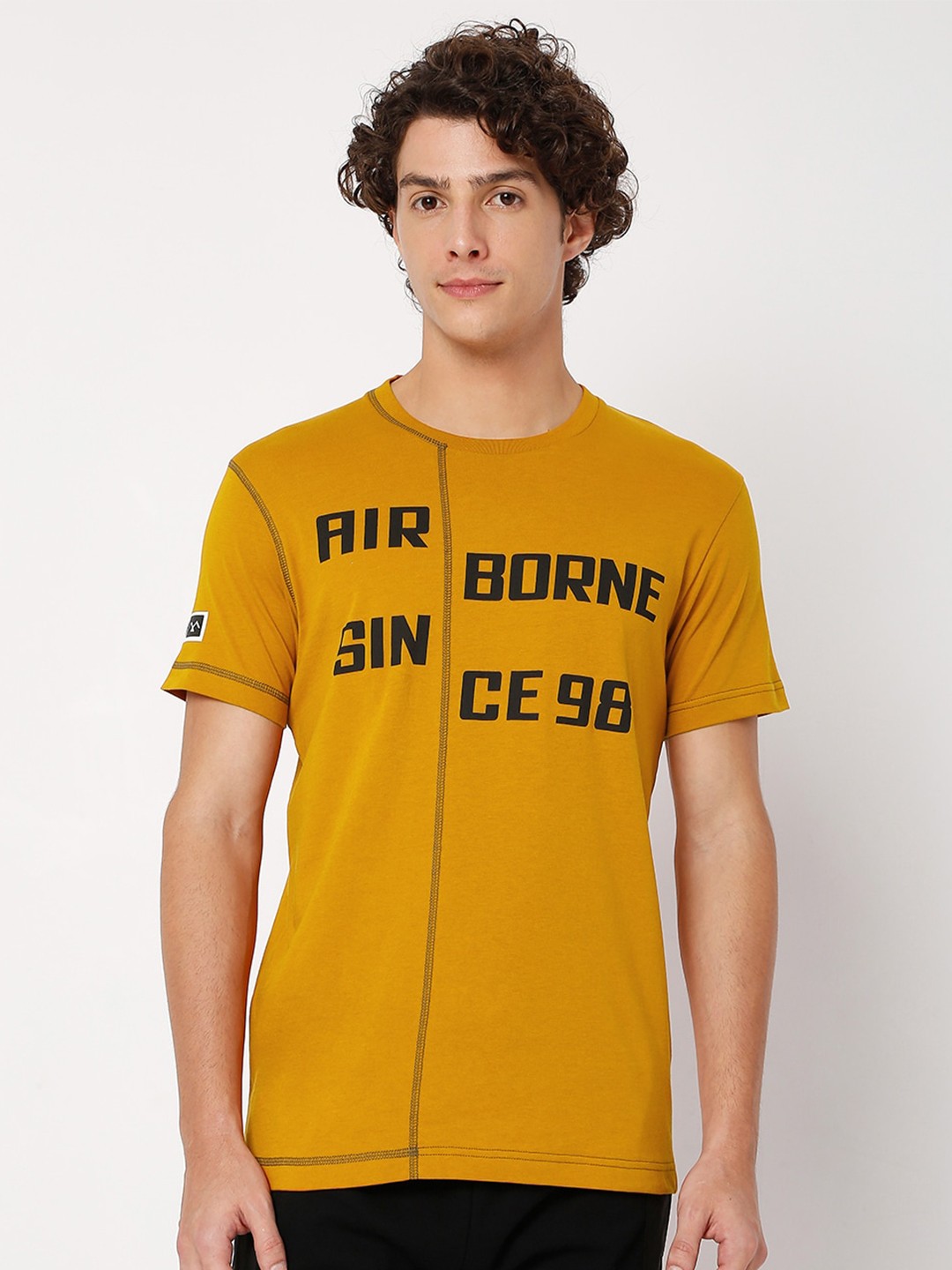 

Mufti Typography Printed Slim Fit Pure Cotton T-Shirt, Mustard