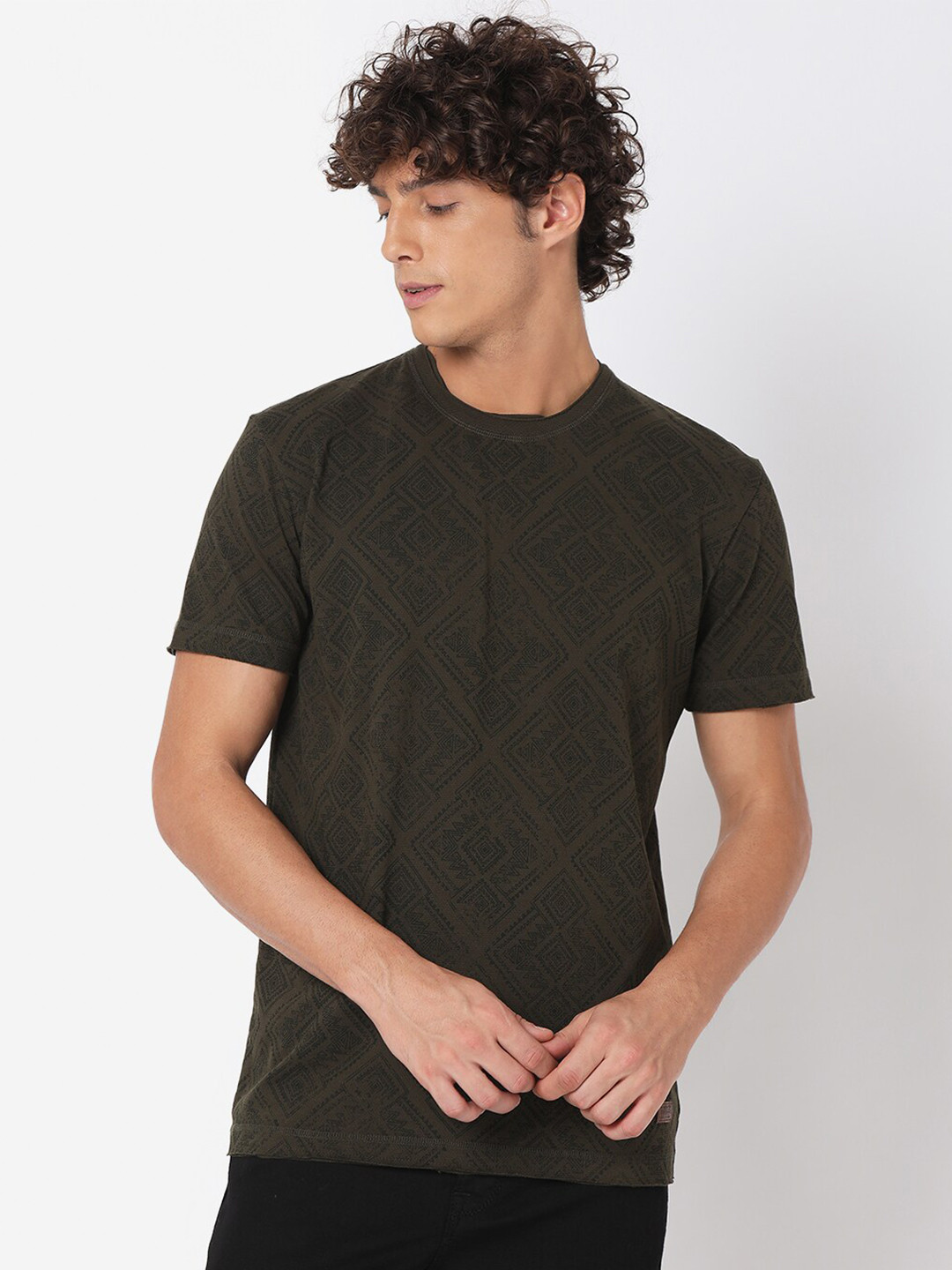 

Mufti Geometric Printed Cotton T-shirt, Olive