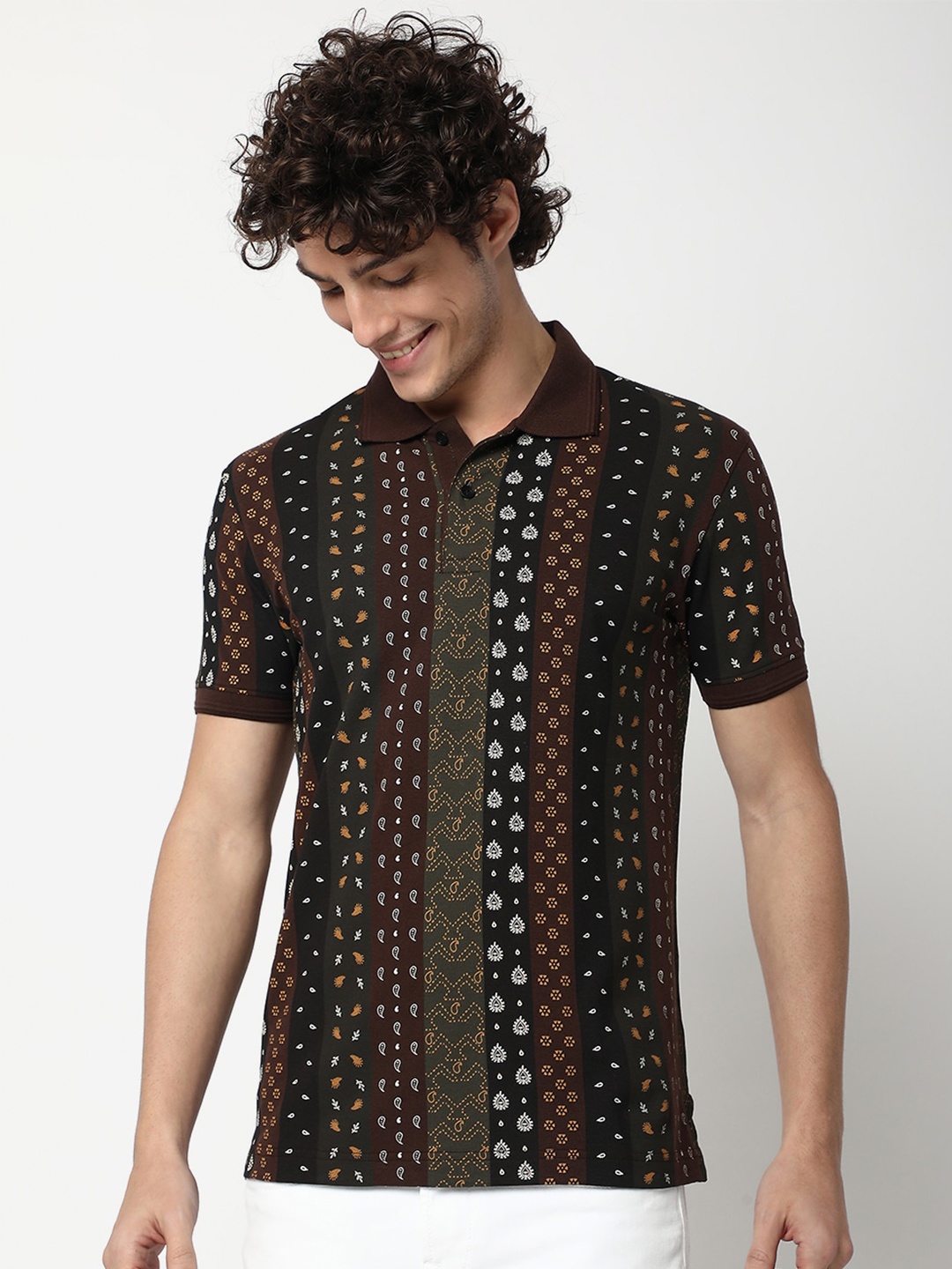 

Mufti Ethnic Motifs Printed Polo Collar Pure Cotton Slim Fit T-shirt, Brown