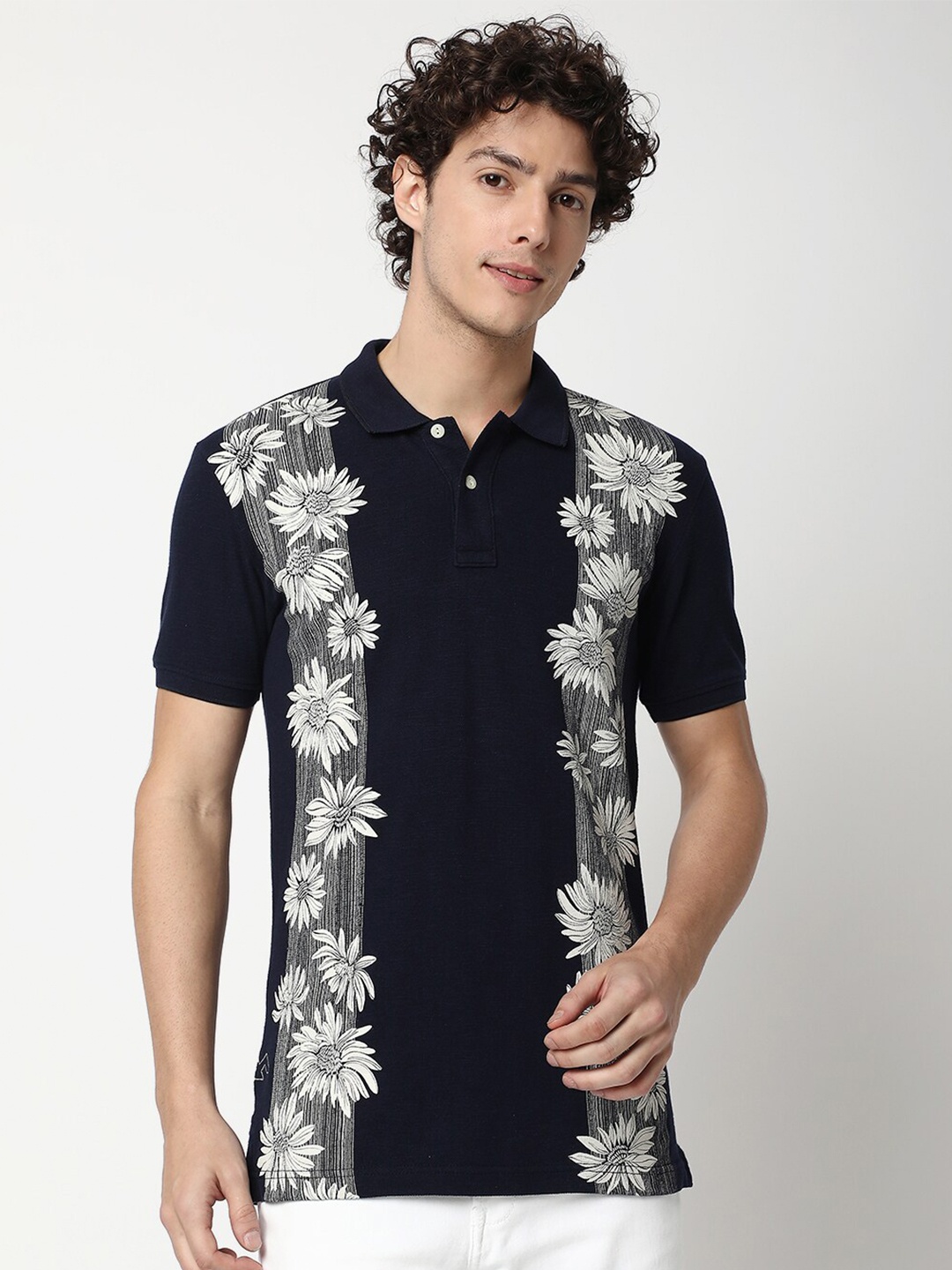 

Mufti Floral Printed Polo Collar Tropical Slim Fit Pure Cotton T-shirt, Navy blue
