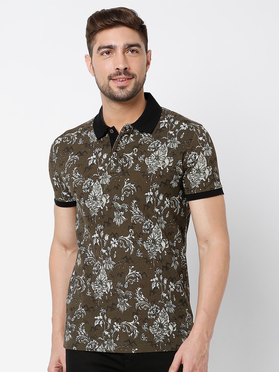 

Mufti Floral Printed Polo Collar Pure Cotton Slim Fit T-shirt, Olive