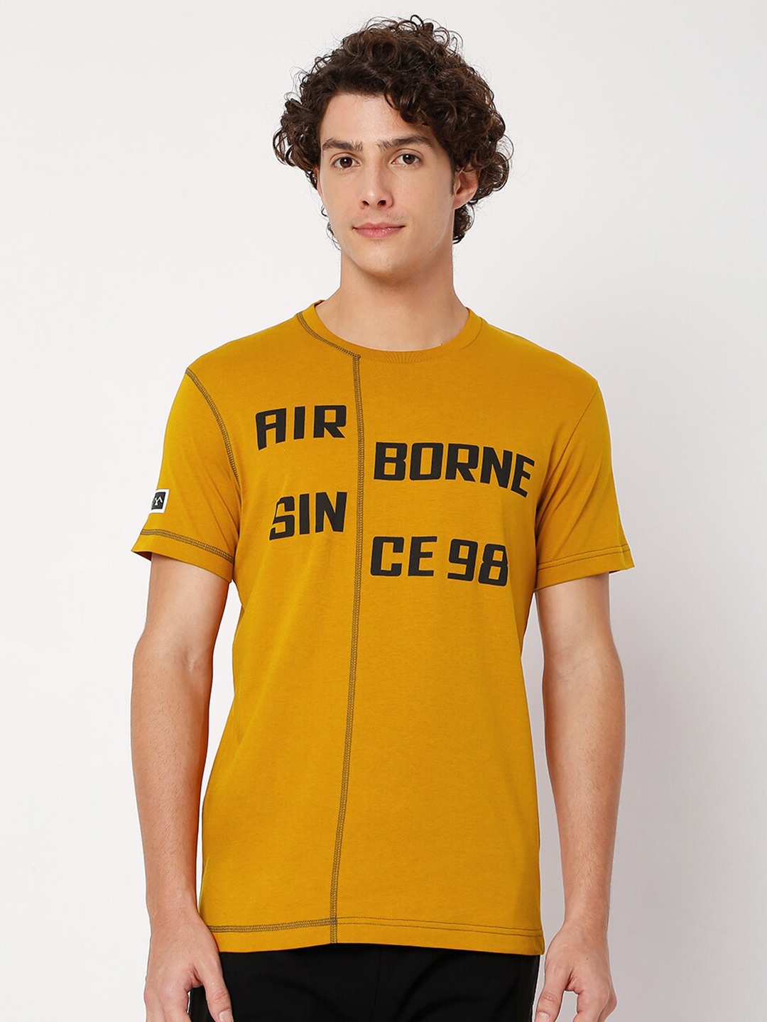 

Mufti Typography Printed Cotton T-shirt, Mustard