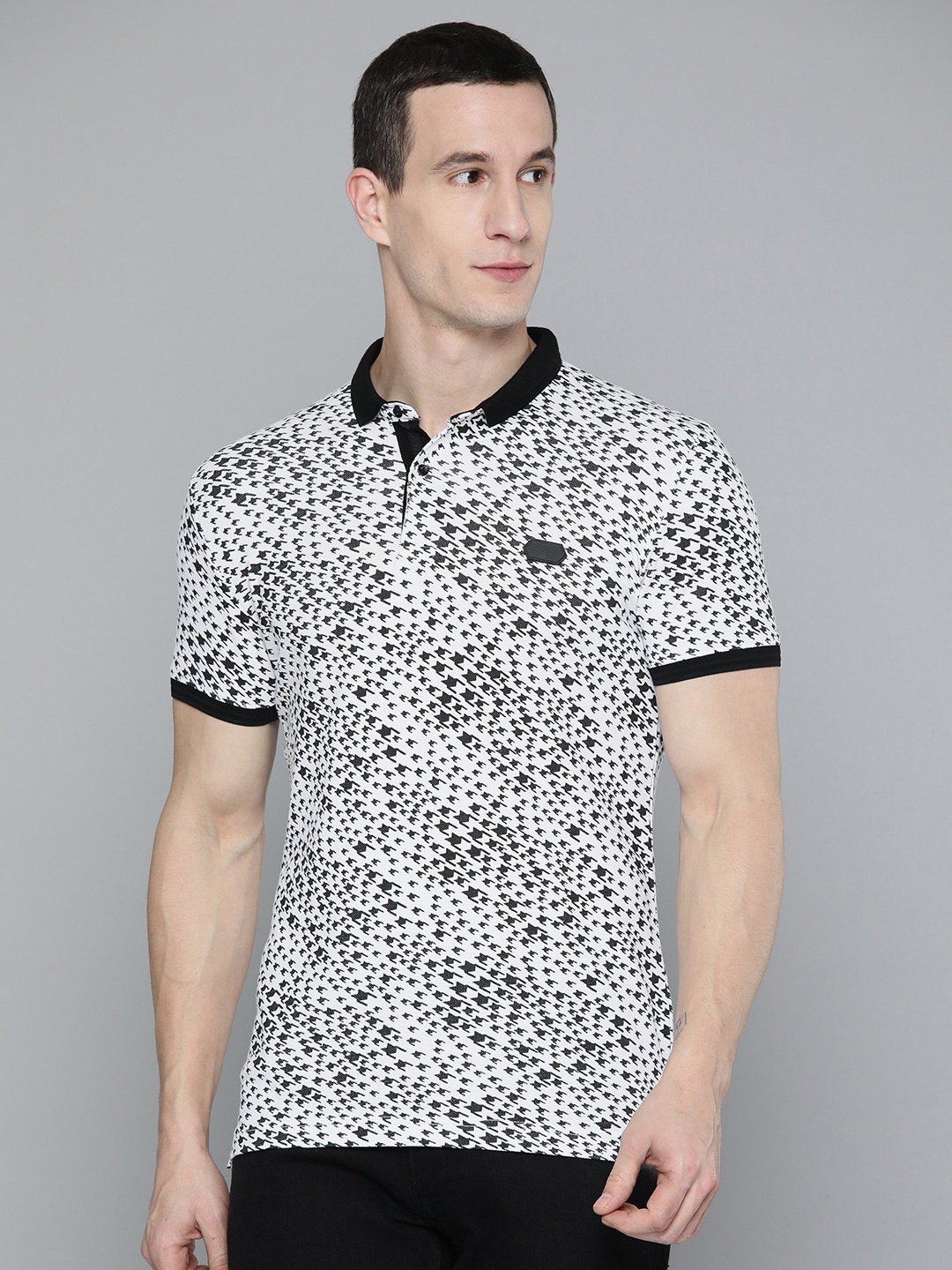 Mufti Printed Pure Cotton Slim Fit Polo Collar T-shirt, White