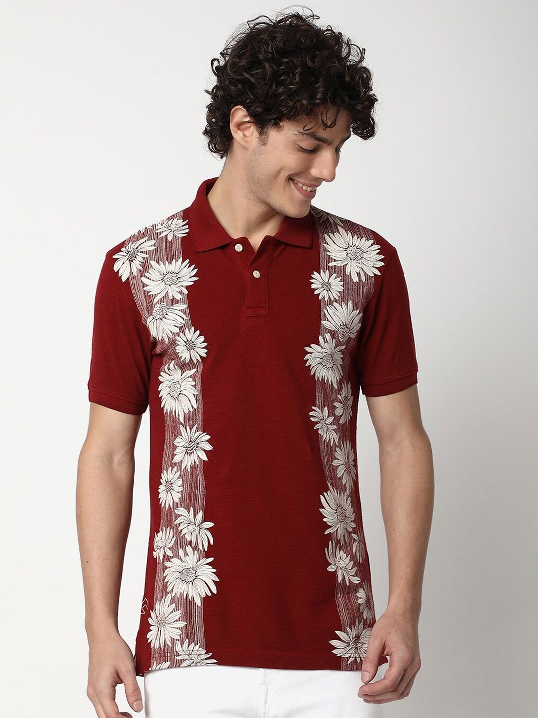 

Mufti Floral Printed Polo Collar Slim Fit Pure Cotton T-shirt, Rust