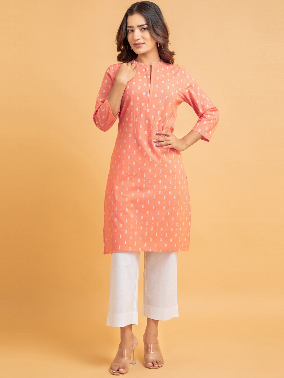 

SUTI Mandarin Collar Ethnic Motifs Printed Pure Cotton Kurta, Peach