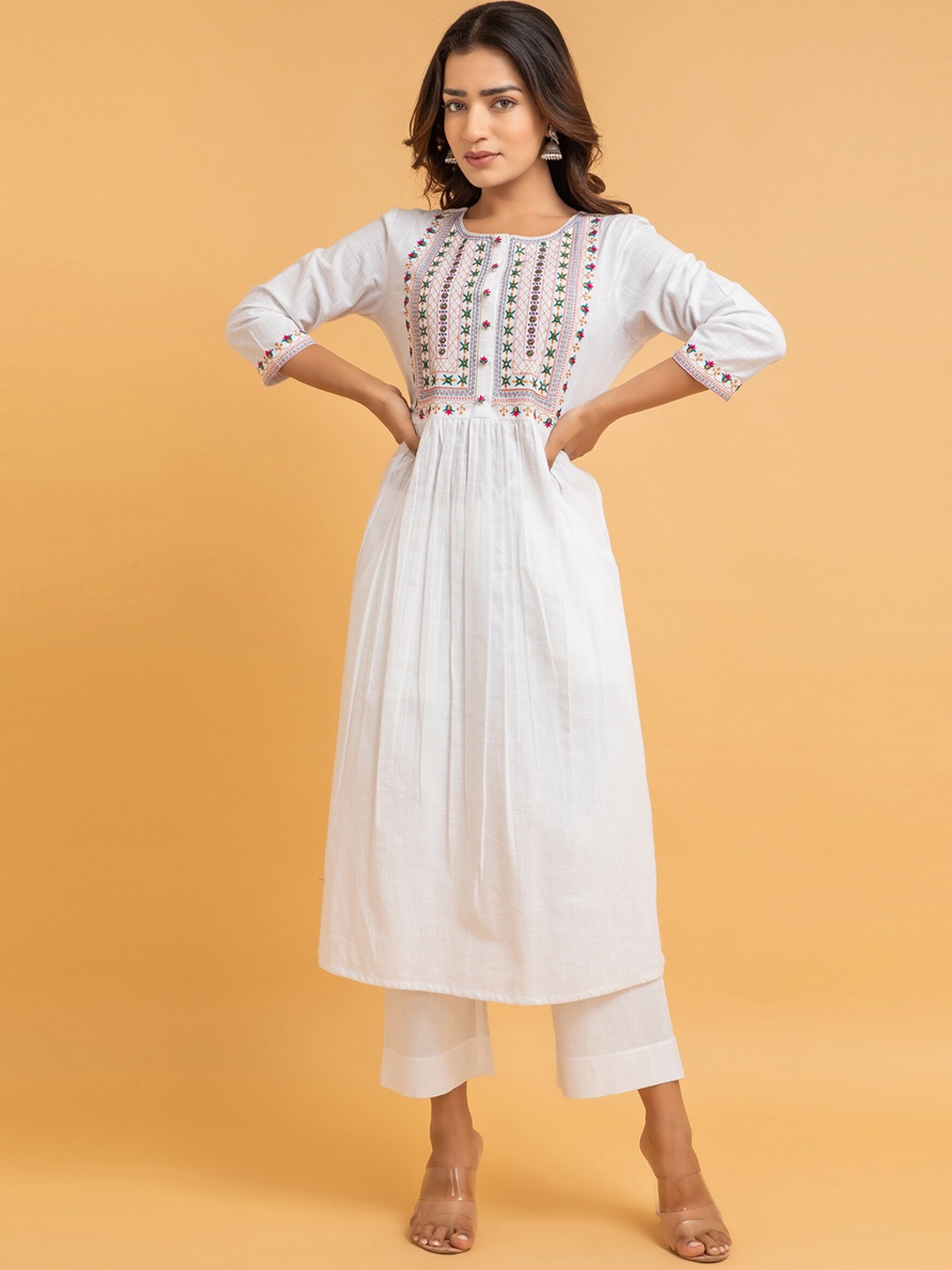 

SUTI Ethnic Motif Yoke Design Mirror Work A-Line Kurta, White