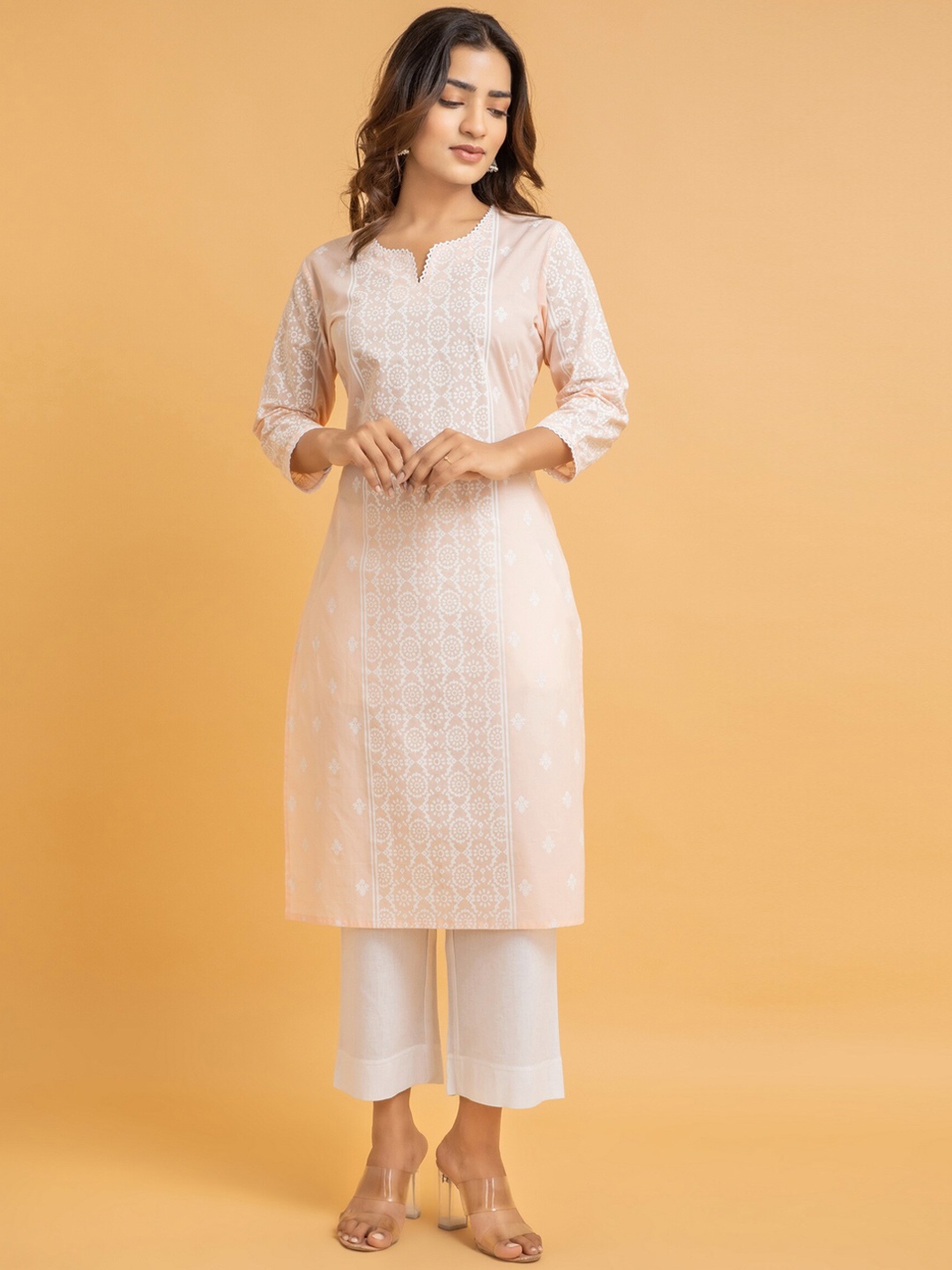 

SUTI Women Ethnic Motifs Printed Pure Cotton Straight Kurta, Peach
