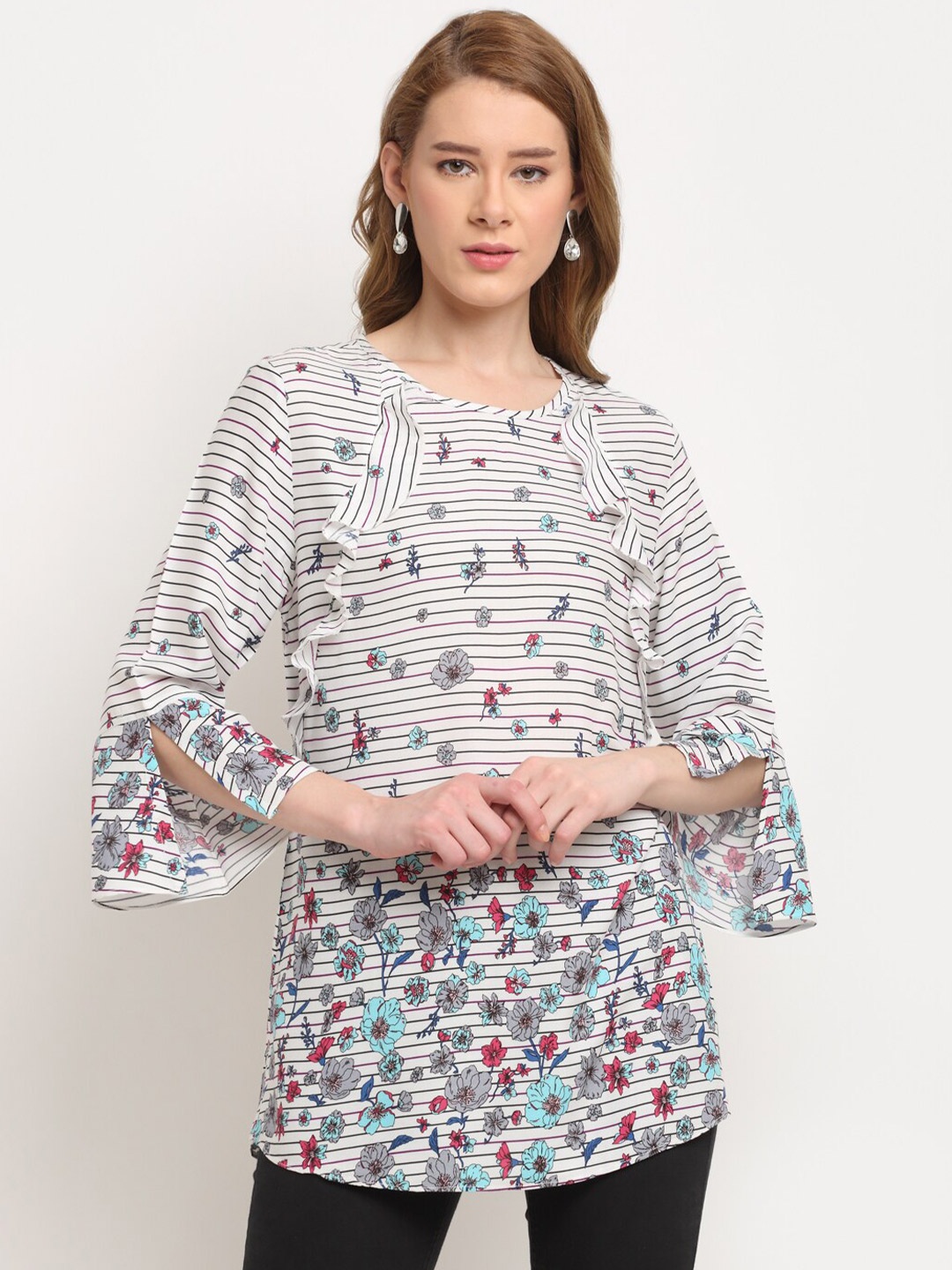 

Crozo By Cantabil Printed Flared Sleeves Tunic, Off white