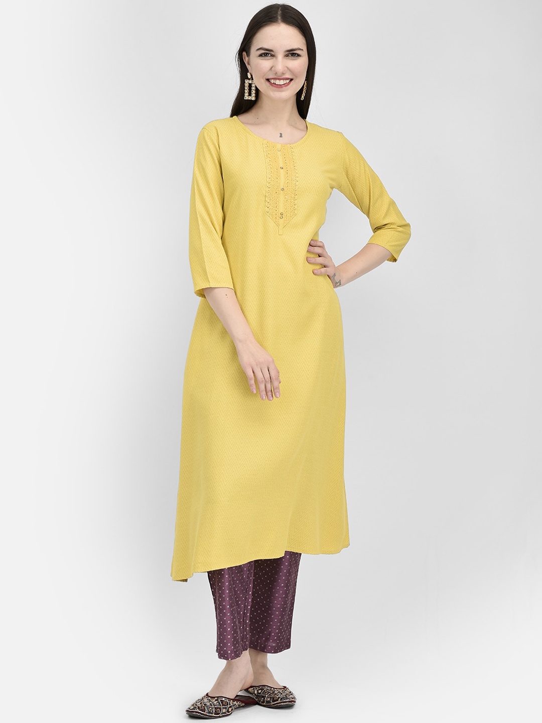

Span Sequin Detail Asymmetric A-line Kurta, Yellow