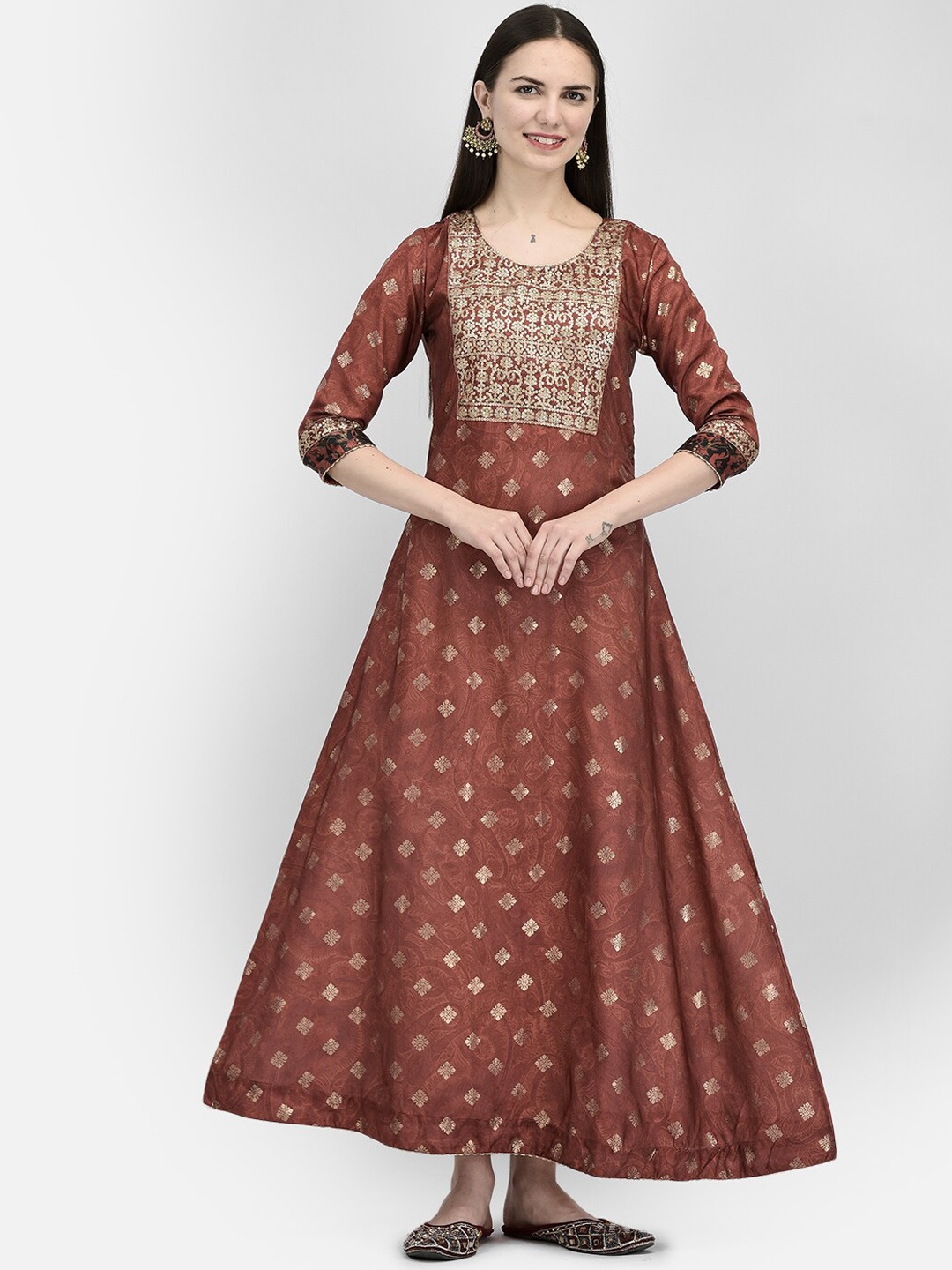 

Span Ethnic Motifs Printed Sequined A-Line Maxi Ethnic Dress, Brown