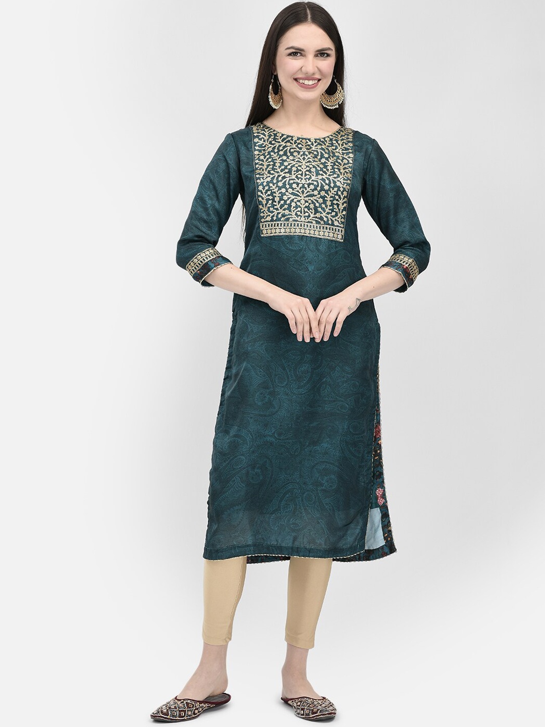

Span Ethnic Motifs Printed Sequinned Straight Kurta, Green