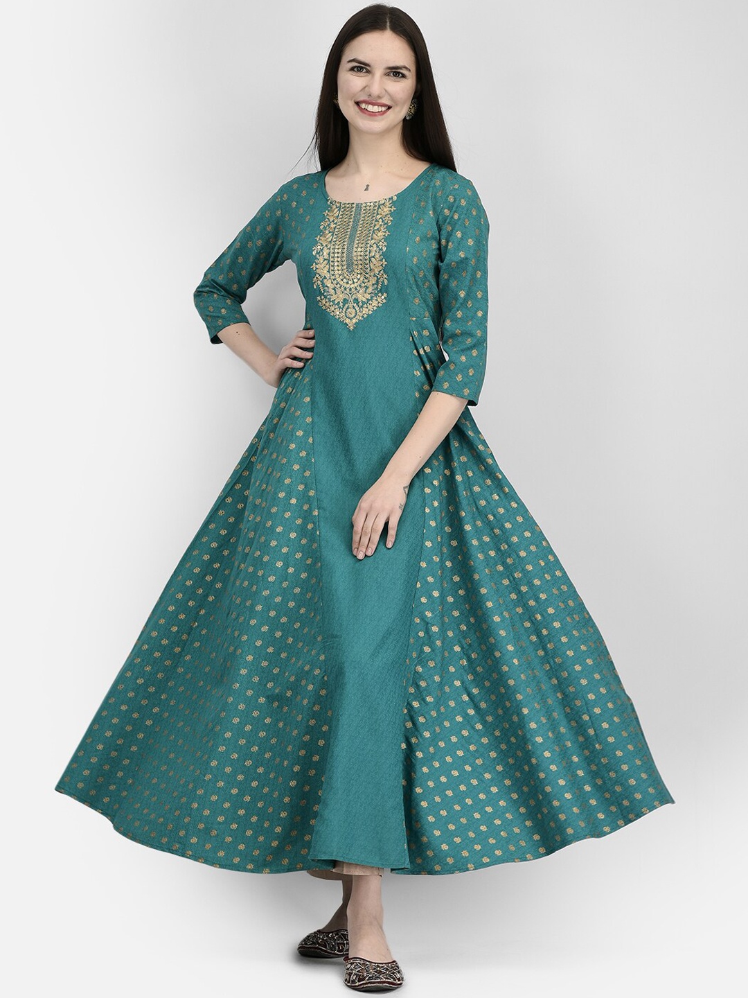 

Span Ethnic Motifs Printed Thread Work Sequined Panelled A-Line Kurta, Teal