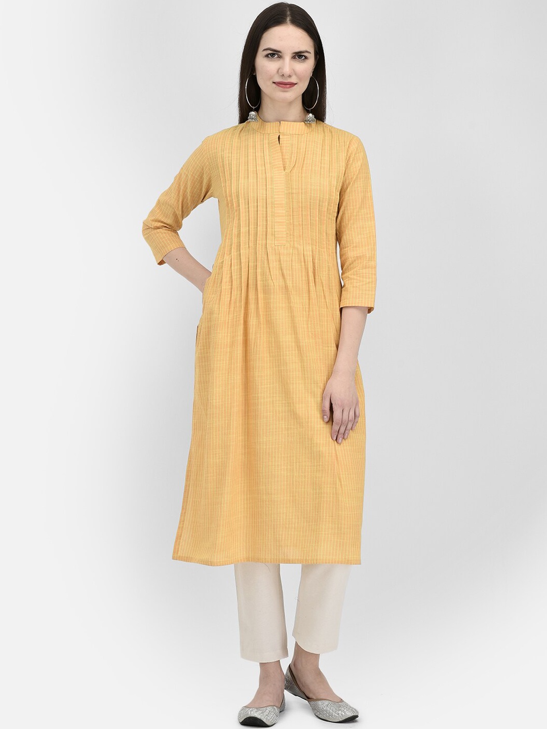 

Span Striped Mandarin Collar Pleated Detailed A-Line Cotton Kurta, Yellow
