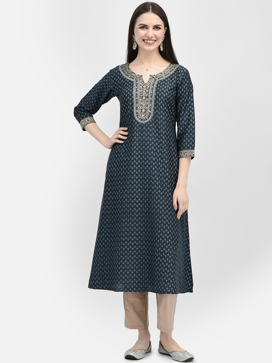 

Span Floral Printed Sequinned A-line Kurta, Blue