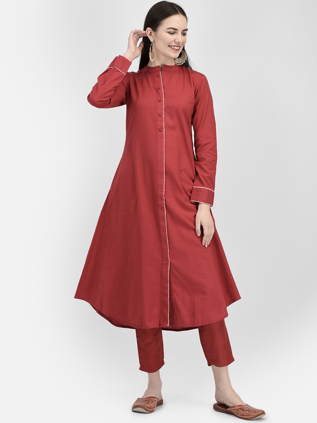

Span Mandarin Collar A-Line Pure Cotton Kurta, Rust