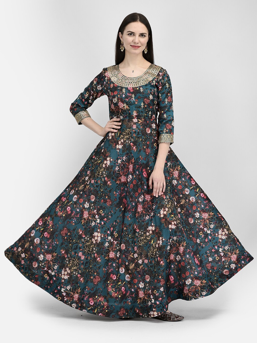 

Span Floral Printed Sequinned Fit and Flare Ethnic Dress, Green