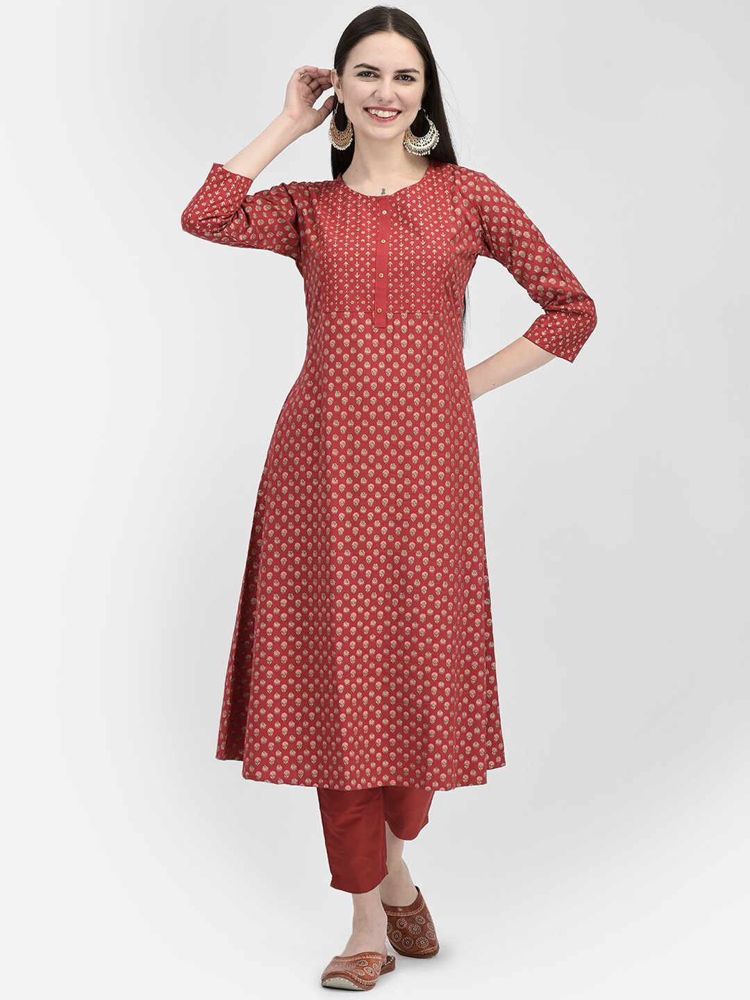 

Span Floral Printed A-Line Kurta, Red