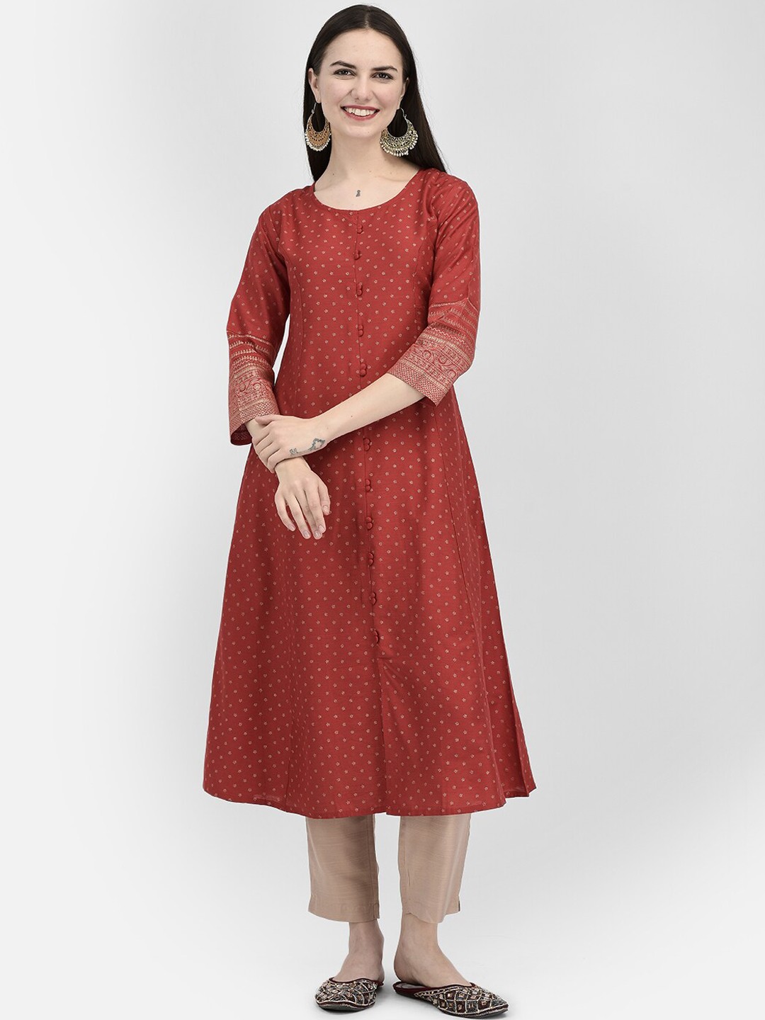 

Span Paneled Ethnic Motifs Printed A-Line Silk Kurta, Red