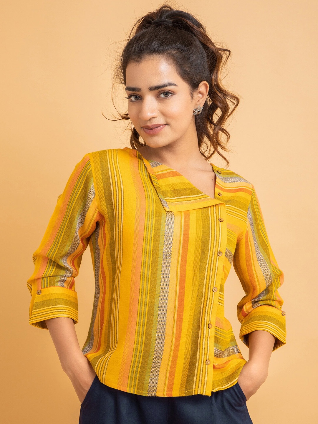 

SUTI Vertical Striped Shirt Style Top, Mustard
