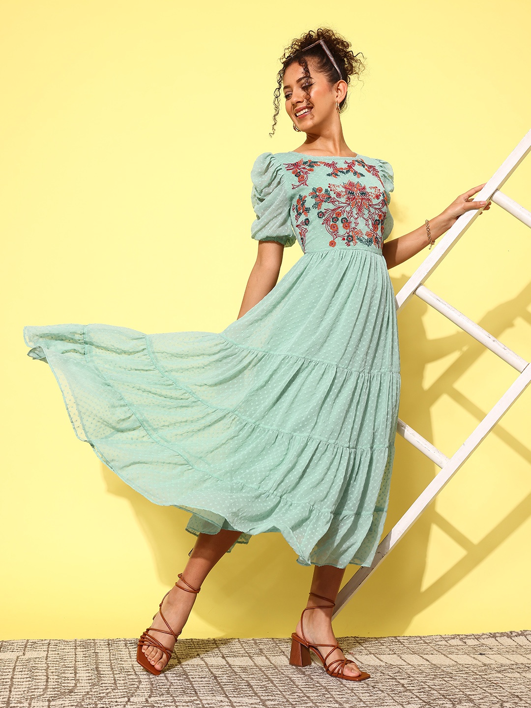 

Antheaa Green & Red Floral Embroidered Puff Sleeves Chiffon Tiered Fit & Flare Midi Dress