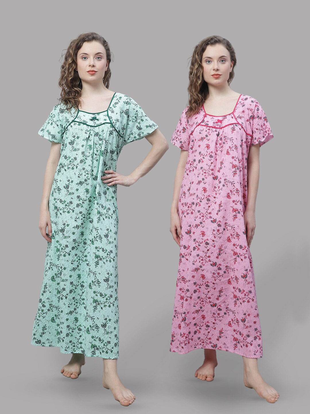 

Shararat Pack Of 2 Floral Printed Pure Cotton Maxi Nightdress, Green