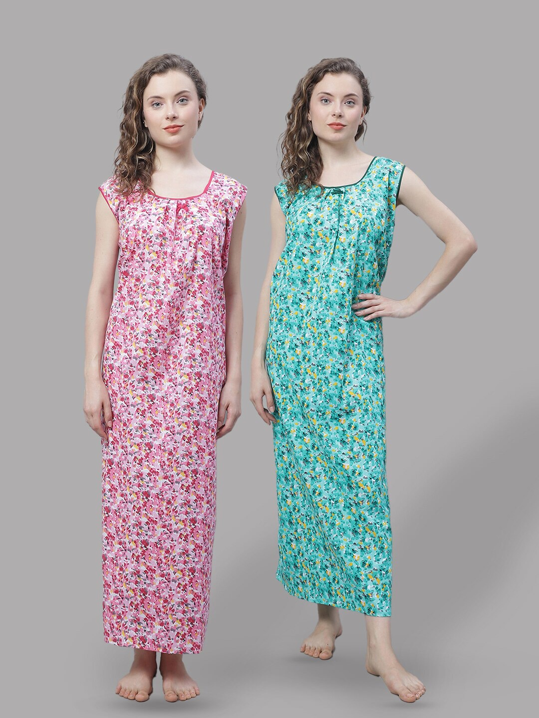 

Shararat Pack Of 2 Floral Printed Pure Cotton Maxi Nightdress, Pink