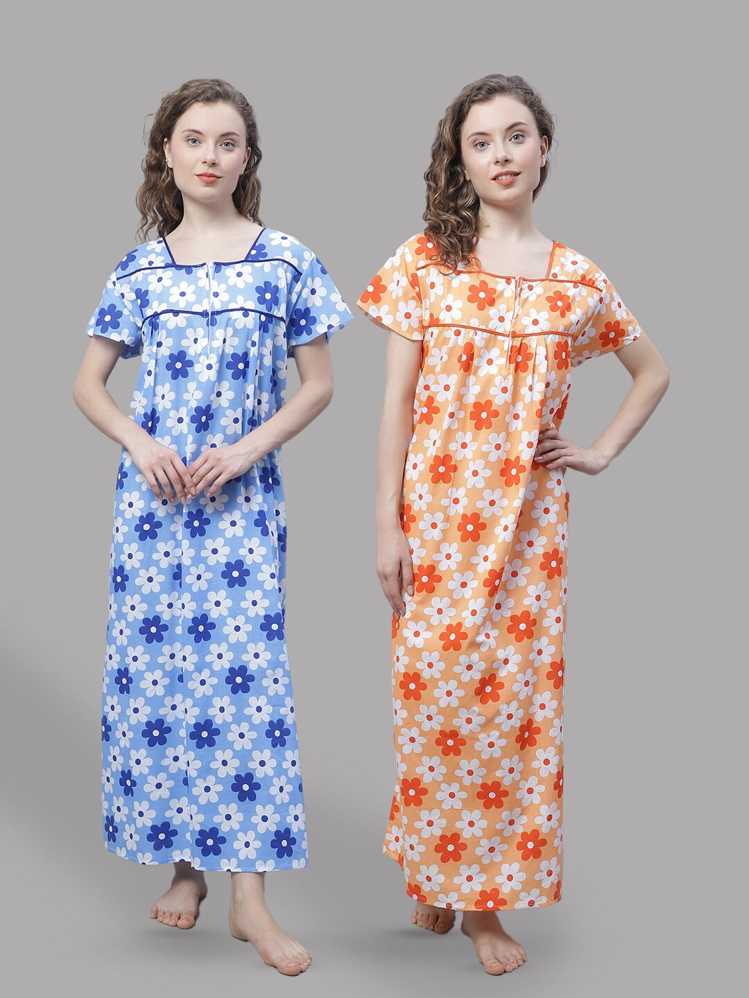 

Shararat Pack Of 2 Floral Printed Pure Cotton Maxi Nightdress, Orange