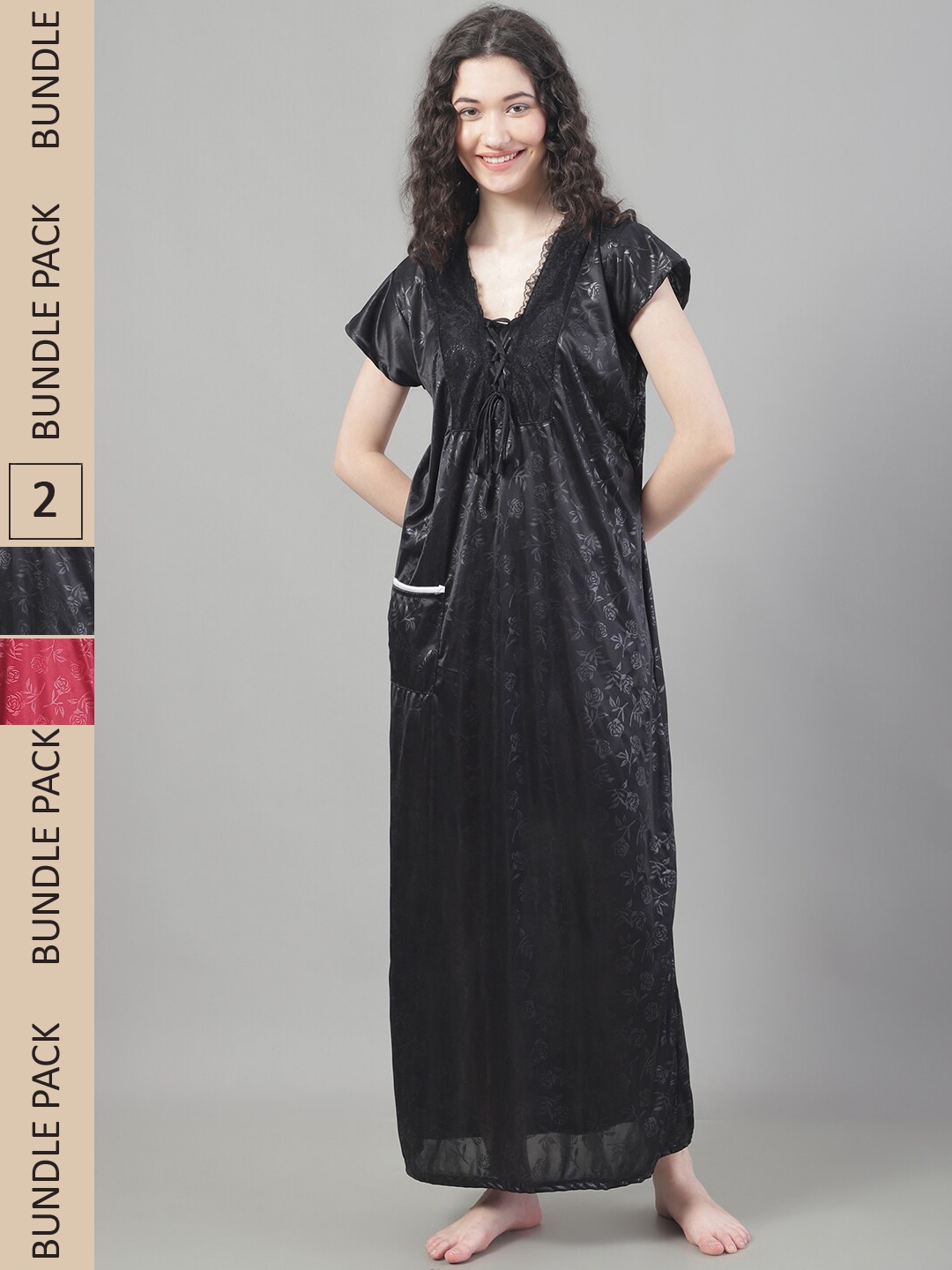 

Shararat Pack Of 2 Floral Printed Maxi Nightdress, Black
