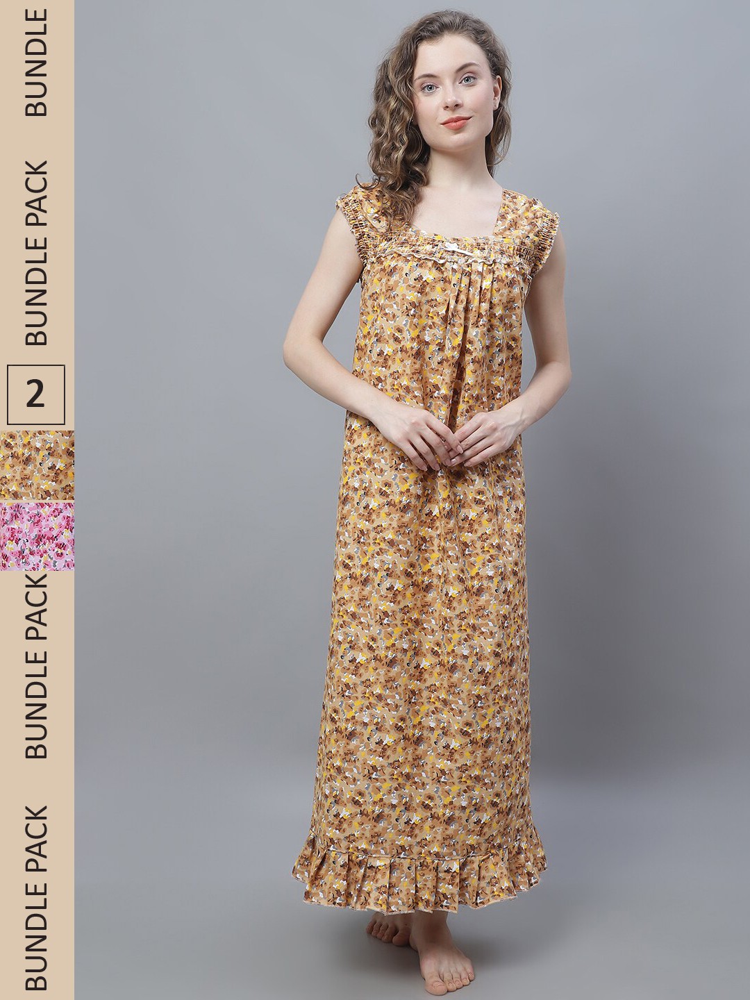 

Shararat Pack Of 2 Floral Printed Pure Cotton Maxi Nightdress, Pink