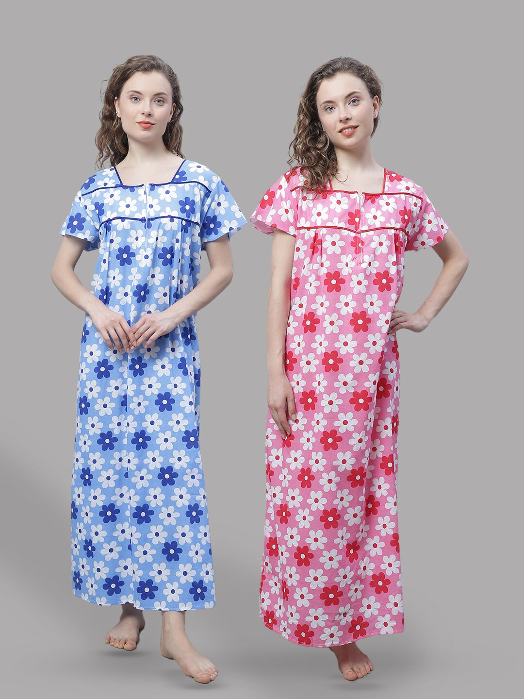 

Shararat Pack Of 2 Floral Printed Pure Cotton Maxi Nightdress, Blue