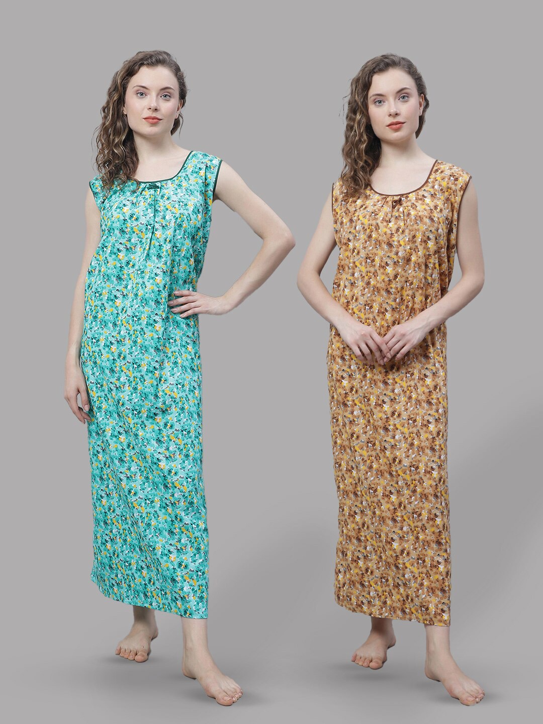 

Shararat Pack Of 2 Abstract Printed Pure Cotton Maxi Nightdress, Green