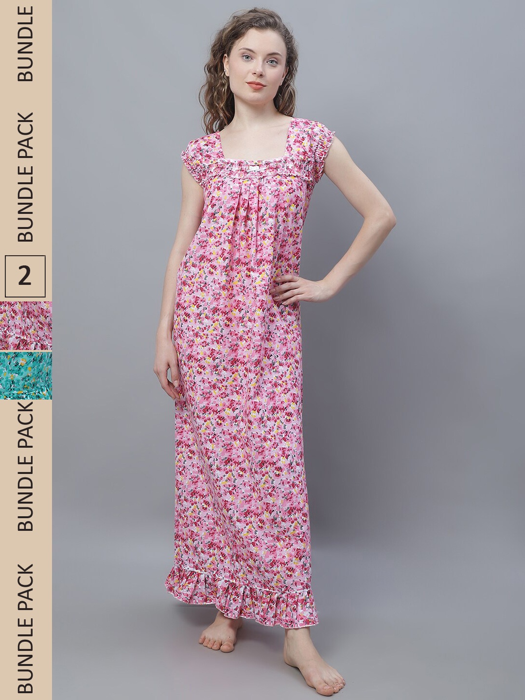 

Shararat Pack Of 2 Floral Printed Pure Cotton Maxi Nightdress, Pink