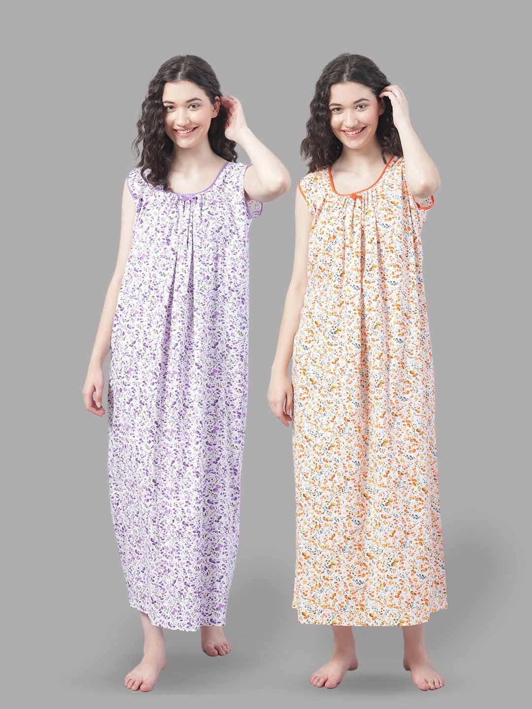 

Shararat Pack Of 2 Floral Printed Pure Cotton Maxi Nightdress, Orange