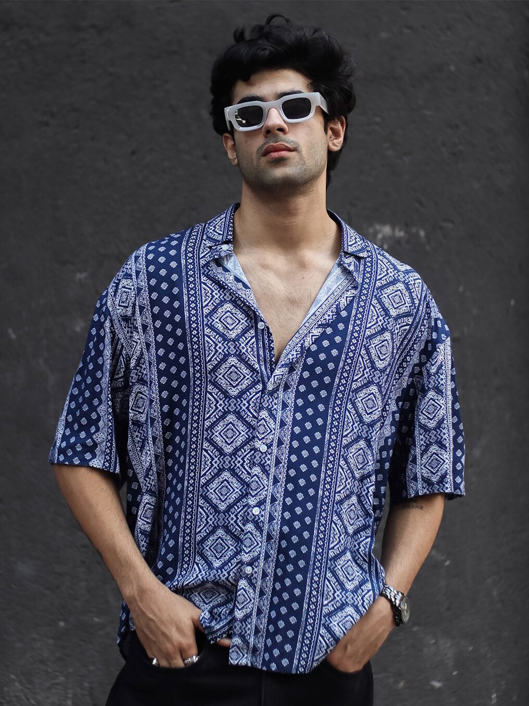 

Powerlook Navy Blue Ethnic Motifs Printed India Slim-Fit Boxy Casual Shirt
