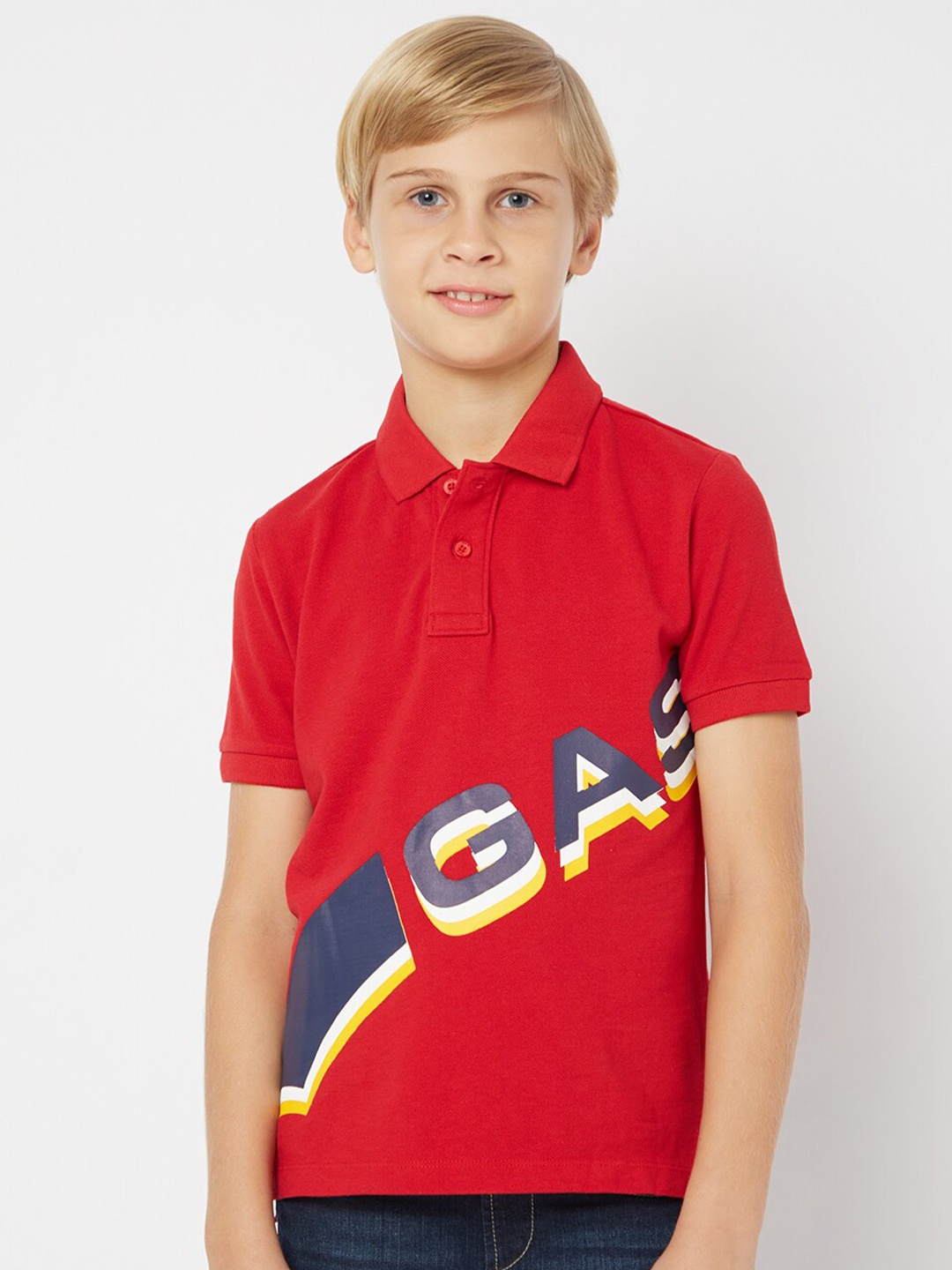 

GAS Boys Polo Collar Typography Printed Cotton T-shirt, Red