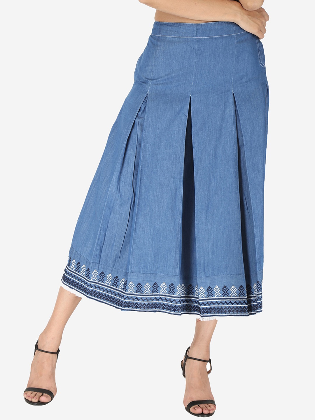 

SUMAVI-FASHION Geometric Embroidered Border Denim Midi Skirt, Blue
