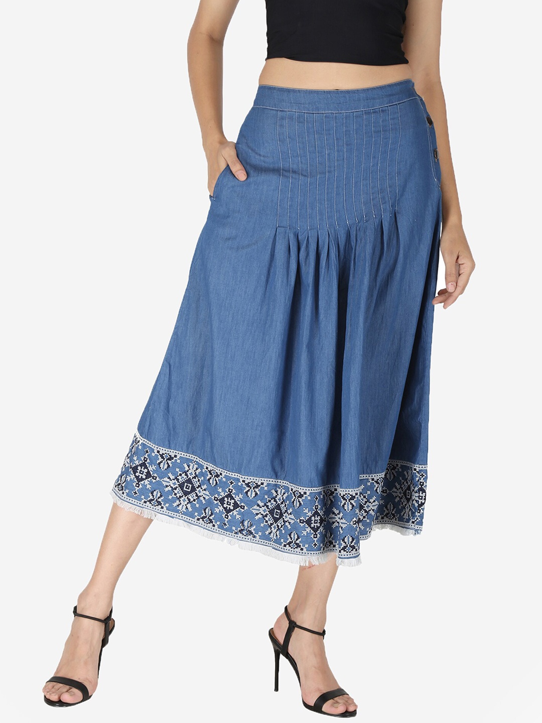 

SUMAVI-FASHION Geometric Embroidered Border Denim Midi Skirt, Blue