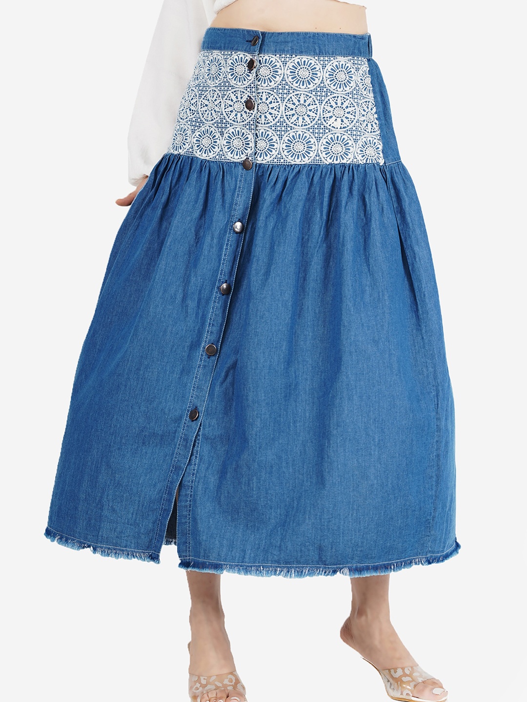 

SUMAVI-FASHION Denim Embroidered Midi Skirt, Blue