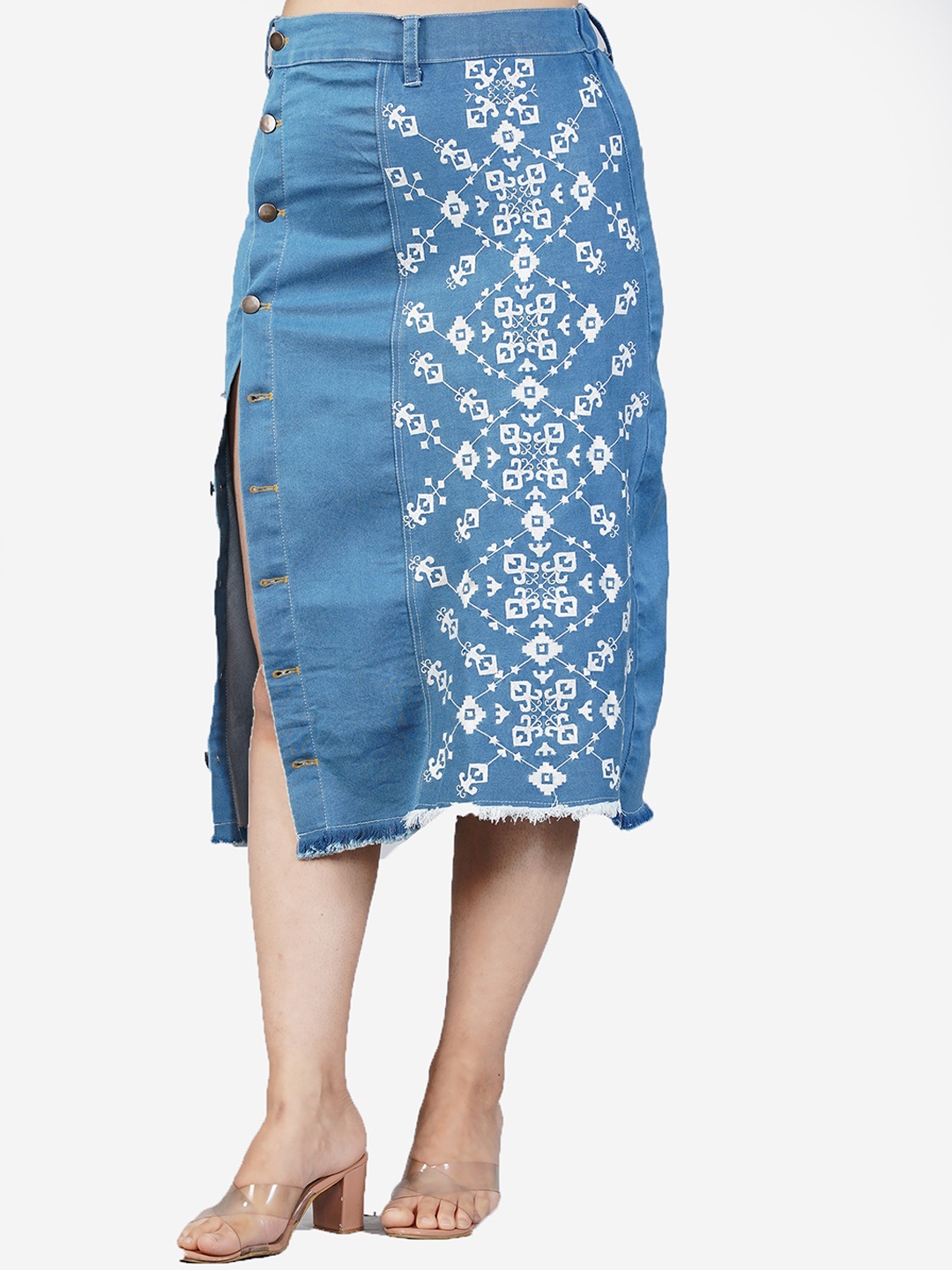 

SUMAVI-FASHION Embroidered Denim Straight Skirt, Blue