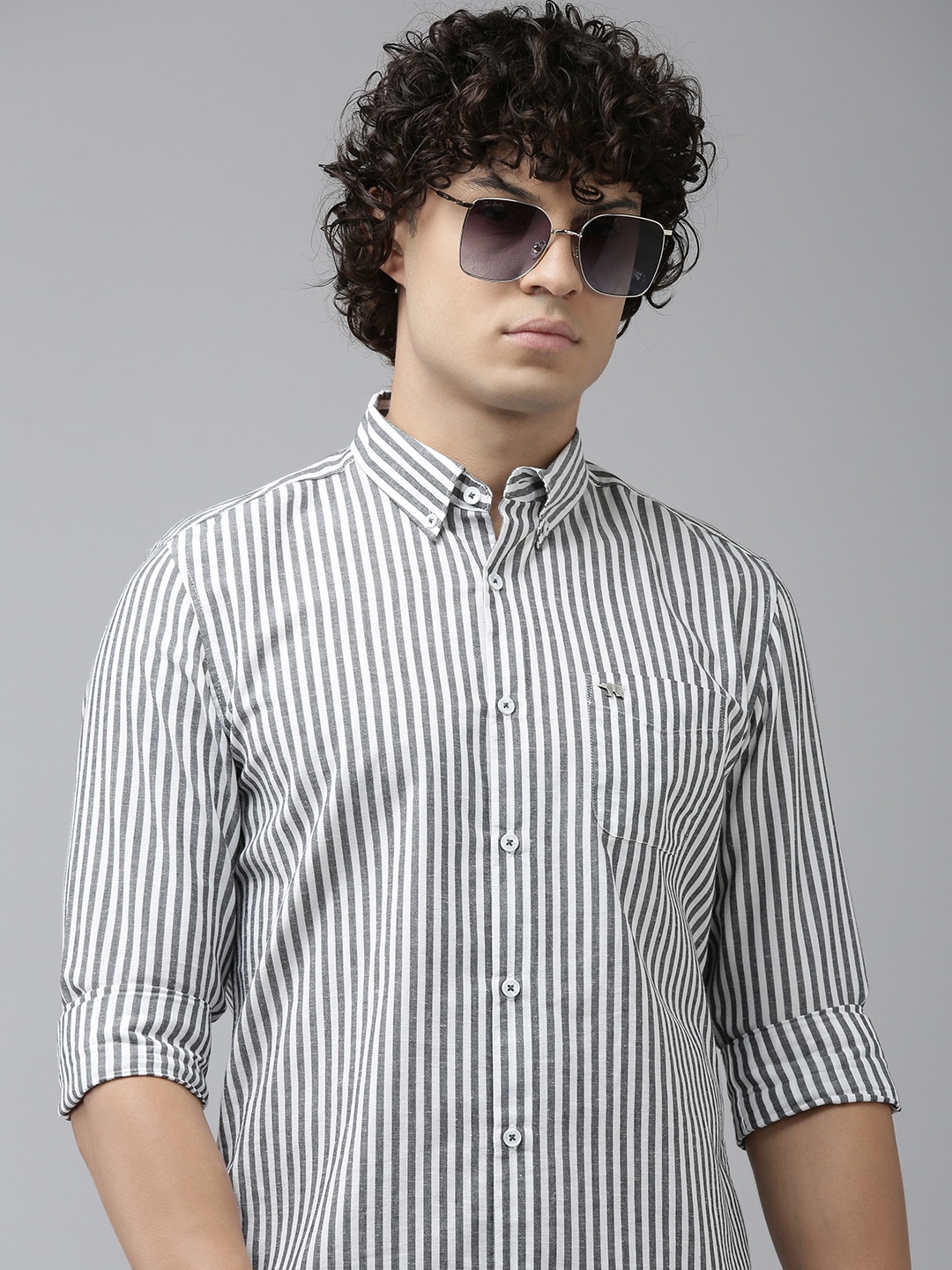 

THE BEAR HOUSE Slim Fit Striped Casual Shirt, Grey
