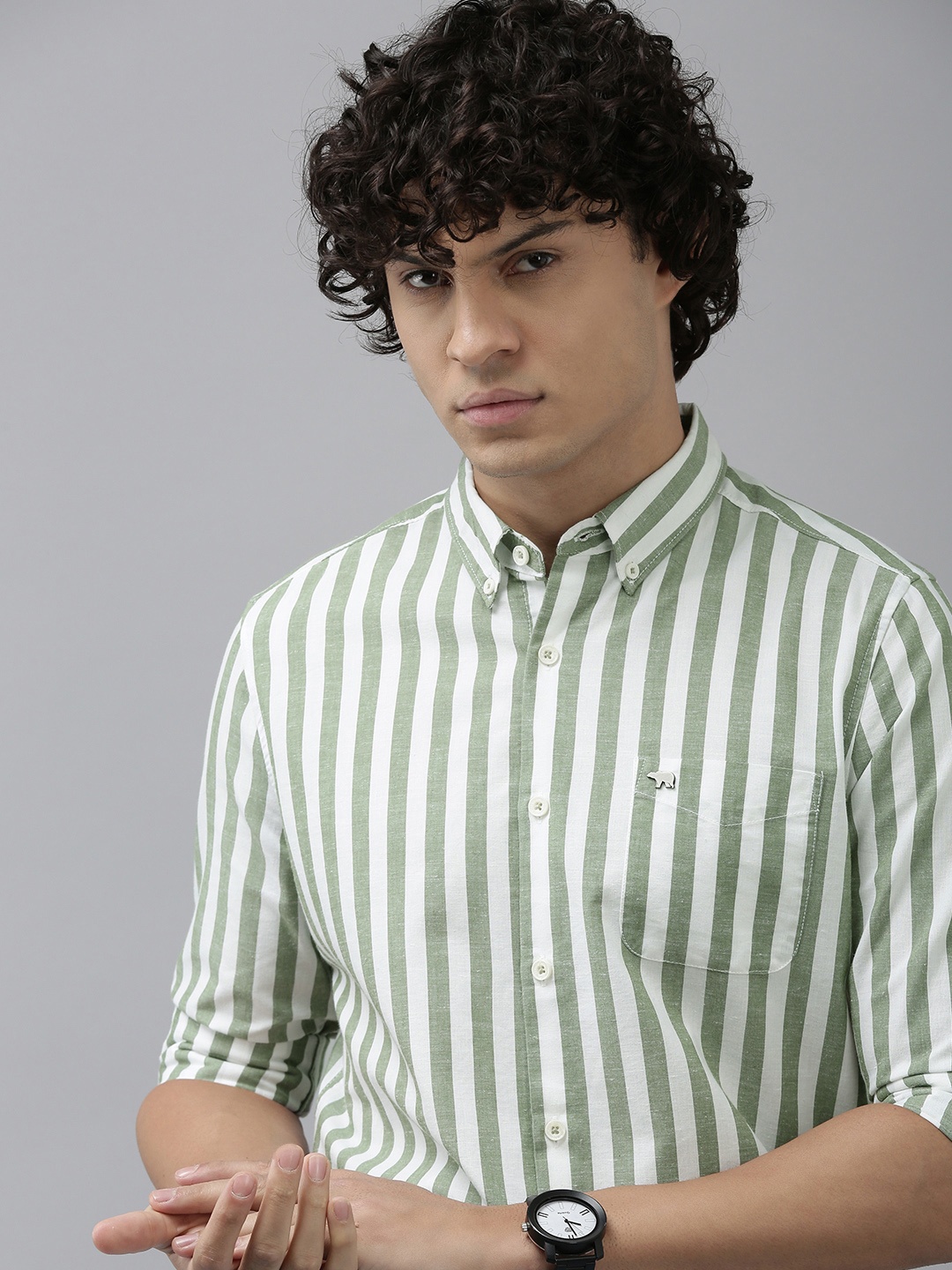 

THE BEAR HOUSE Slim Fit Striped Casual Shirt, Green