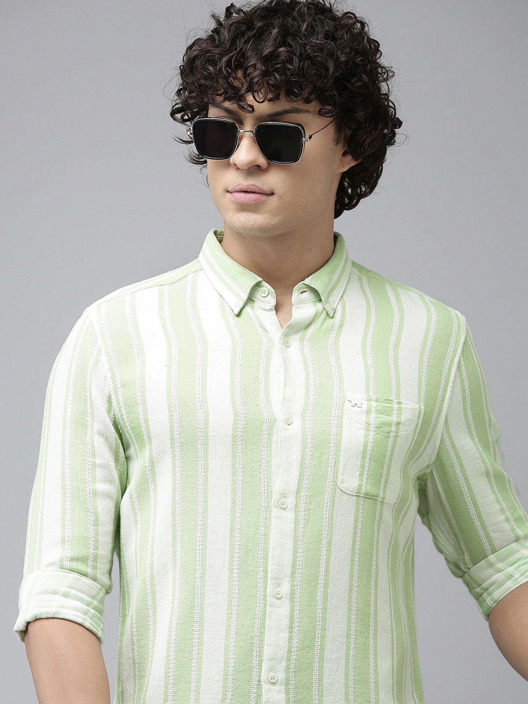 

THE BEAR HOUSE Slim Fit Striped Casual Shirt, Green